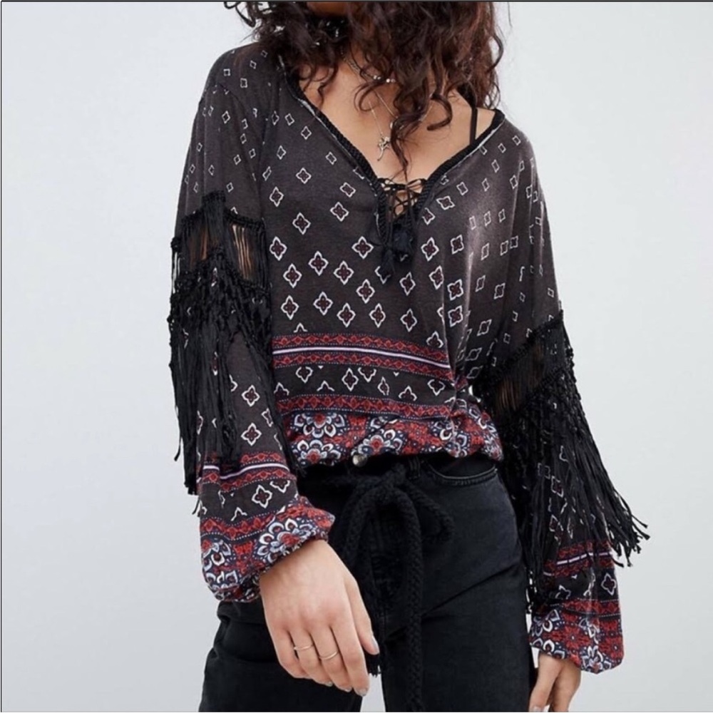Free People Top Large Black Macra Maze Me Fringe Ballon Sleeve Boho Festival